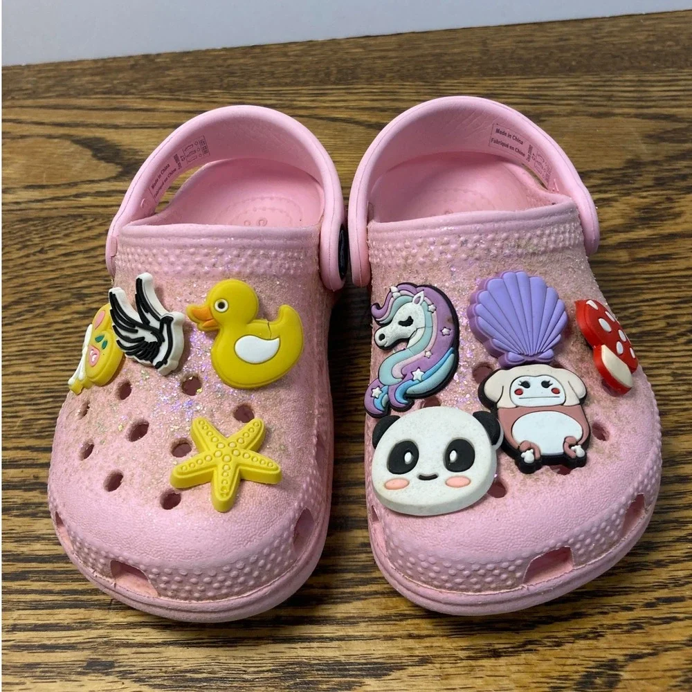 Crocs Toddler Classic Clog Pink Glitter Charms Panda Unicorn Size C7 206992-6SW